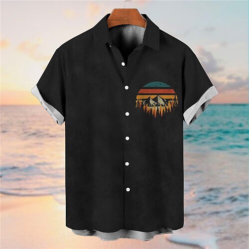 

Men's Shirt Graphic Prints Mountain Turndown Black Yellow 3D Print Street Daily Short Sleeves Button-Down Print Clothing Apparel Tropical Fashion Designer Hawaiian