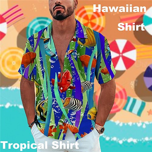 

Men's Shirt Summer Hawaiian Shirt Graphic Prints Fish Marine Life Turndown Royal Blue Blue Light Blue Casual Holiday Short Sleeve Button-Down Print Clothing Apparel Tropical Fashion Hawaiian Soft