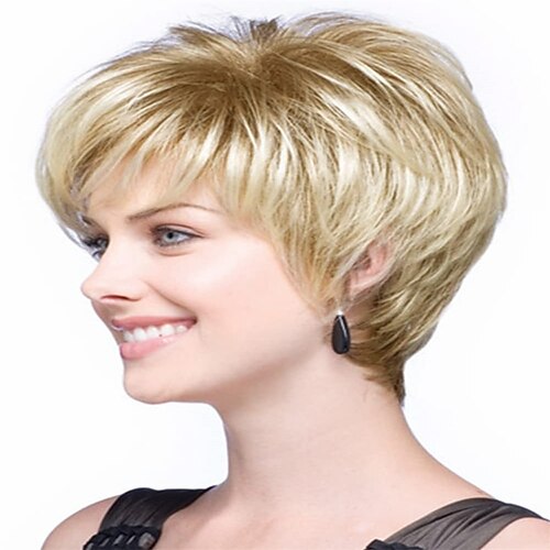 

parrucche bionde corte per donne bianche parrucche bionde miste a strati con taglio a pixie con frangia parrucca sintetica di ricambio per capelli corti