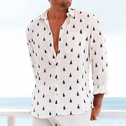 

Men's Shirt Tree Graphic Prints Turndown White Street Casual Long Sleeve Button-Down Print Clothing Apparel Tropical Fashion Streetwear Designer