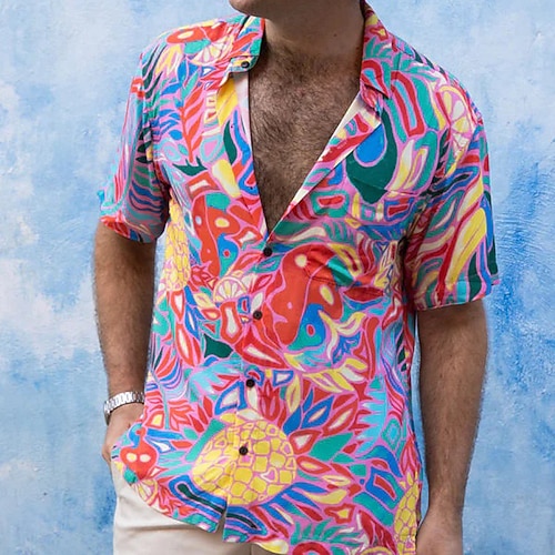 

Men's Shirt Pineapple Graphic Prints Turndown Fuchsia Outdoor Street Short Sleeves Button-Down Print Clothing Apparel Tropical Fashion Designer Hawaiian
