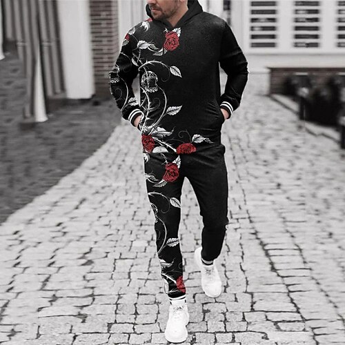 

Men's Tracksuit Hoodies Set Black Hooded Graphic Rose 2 Piece Print Sports Outdoor Casual Sports 3D Print Basic Streetwear Designer Fall Spring Clothing Apparel Hoodies Sweatshirts