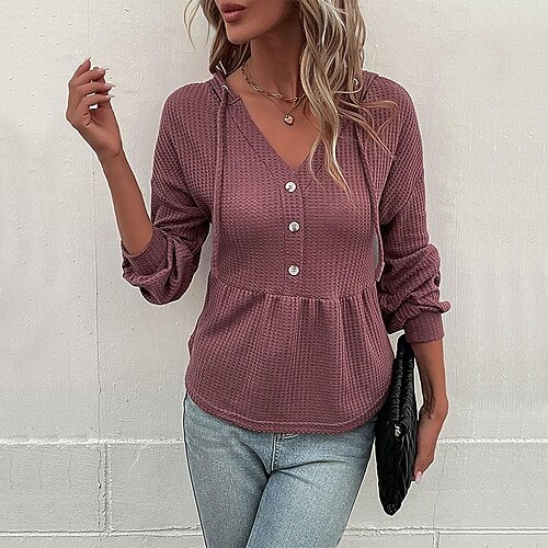 

Women's Shirt Blouse Red Plain Button Long Sleeve Casual Basic Hooded Regular S