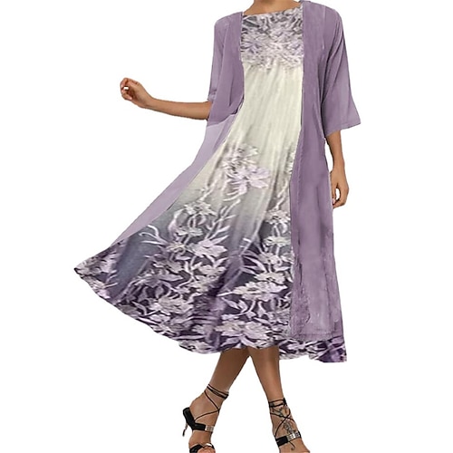 

Women's Casual Dress Dress Set Two Piece Dress Midi Dress Purple Khaki Dark Blue 3/4 Length Sleeve Flower Print Winter Fall Spring Crew Neck Fashion Daily Loose Fit 2023 S M L XL XXL 3XL