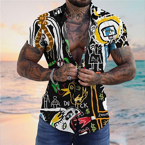 

Men's Shirt Graphic Prints Graffiti Turndown Black White 3D Print Street Daily Short Sleeves Button-Down Print Clothing Apparel Tropical Fashion Designer Hawaiian
