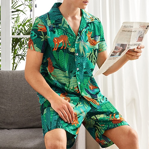 

Herren Hausanzug Schlafanzug Set Pyjama aus Seide Pyjama-Oberteil und Shorts 1 Set Grafik-Drucke Stilvoll Casual Komfort Heim Täglich Bett Kunstseide Komfort Weich Kargen Kurzarm Hemd Kurze Hosen