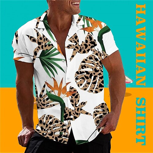 

Men's Shirt Summer Hawaiian Shirt Leopard Graphic Prints Parrot Leaves Turndown White Green Casual Holiday Short Sleeve Button-Down Print Clothing Apparel Tropical Fashion Hawaiian Soft