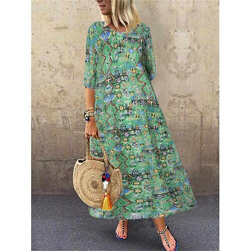 

vestido casual de mujer vestido oscilante vestido largo maxi vestido verde claro rojo fucsia media manga estampado gráfico invierno otoño primavera cuello redondo moda vacaciones diarias vestido de