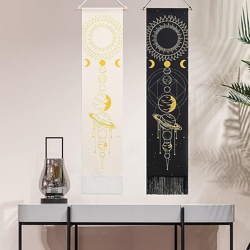 

2er-Pack 33 x 130 cm Tarot-Wandteppich, vertikaler Wandteppich, Wandbehang, Retro-Sonne, Mond, trippiger Wandbehang mit Quaste, gestreift für den Raum