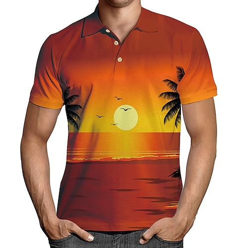 

Herre POLO Trøje Golftrøje Kokos palme Grafiske tryk Solnedgang Aftæpning Gul Orange Gade Daglig Kort Ærme Knap ned Trykt mønster Tøj Tropisk Mode Hawaiiansk Designer