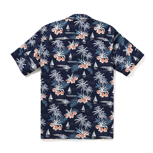 

Men's Shirt Floral Coconut Tree Graphic Prints Boat Turndown Navy Blue 3D Print Casual Going out Short Sleeves Button-Down Print Clothing Apparel Tropical Designer Casual Hawaiian