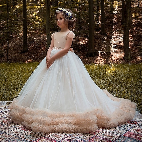 

Prinsesse Børsteslæb Blomsterpigekjole Konfirmation Sød gallakjole Satin med Sløjfe(r) Passer 3-16 år