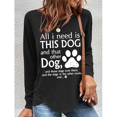 

Women's T shirt Tee Black Red Green Text Print Long Sleeve Daily Weekend Basic Round Neck Regular Painting S