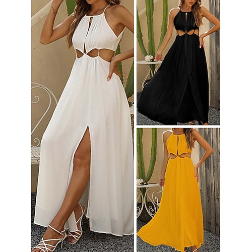 

Women's Casual Dress Swing Dress Sundress Long Dress Maxi Dress Black White Yellow Sleeveless Pure Color Backless Winter Fall Spring Halter Fashion Vacation Weekend 2023 S M L XL