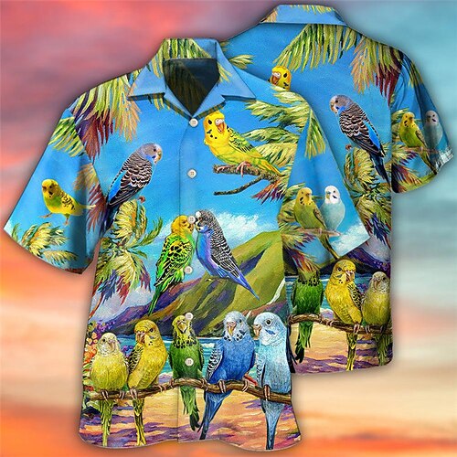 

Men's Shirt Summer Hawaiian Shirt Tropical Graphic Prints Parrot Turndown Blue Casual Going out Short Sleeves Button-Down Print Clothing Apparel Tropical Hawaiian Designer Casual