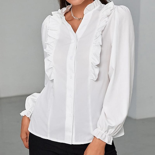 

Women's Shirt Blouse White Plain Ruffle Button Long Sleeve Casual Basic V Neck Regular S