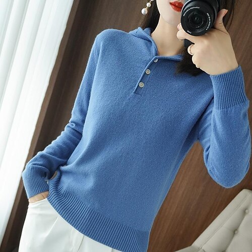

Women's Shirt Blouse Bean Green Haze blue Skin powder Plain Button Long Sleeve Casual Basic Hooded Regular S