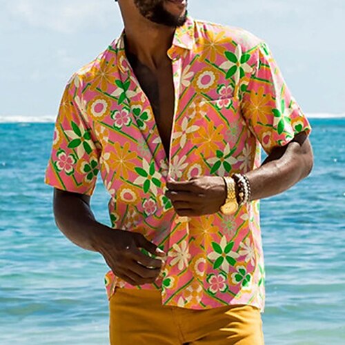 

Men's Shirt Floral Graphic Prints Turndown Pink Outdoor Street Short Sleeves Button-Down Print Clothing Apparel Tropical Fashion Designer Hawaiian