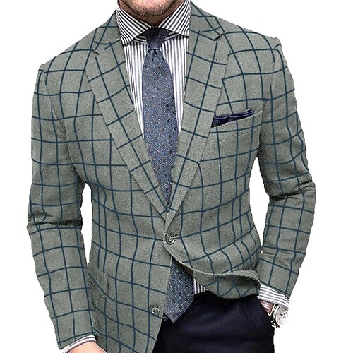 

Men's Blazer Sport Jacket Sport Coat Thermal Warm Breathable Outdoor Work Street Double Breasted Turndown Streetwear Business 1920s Jacket Outerwear Plaid / Check Pocket Brown Gray