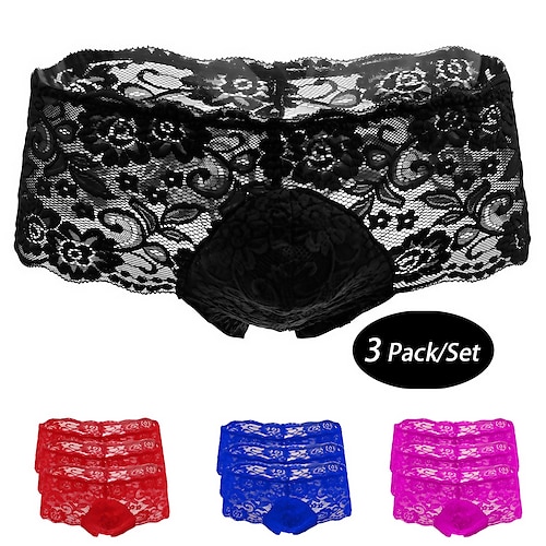 Men's 3 Pack Sexy Panties Briefs Acrylic Lace Floral Normal Black Pink