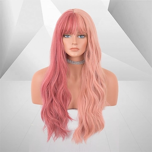 

parrucche metà rosa scuro metà rosa baby con frangia parrucche lunghe ondulate a 2 toni parrucche capelli rosa per halloween 24 pollici lanova-179