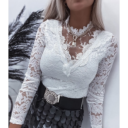 

Women's Shirt Blouse White Plain Lace Long Sleeve Casual Basic Round Neck Regular S