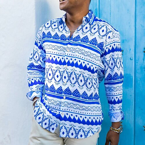 

Men's Shirt Graphic Prints Geometry Turndown Blue Street Casual Long Sleeve Button-Down Print Clothing Apparel Tropical Fashion Streetwear Designer