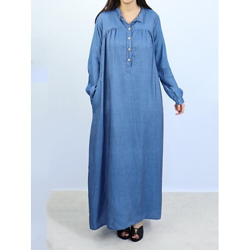

Women's Casual Dress Shift Dress Denim Dress Long Dress Maxi Dress Blue Long Sleeve Pure Color Ruched Winter Fall Spring Shirt Collar Fashion Daily 2023 Style M L XL 2XL 3XL