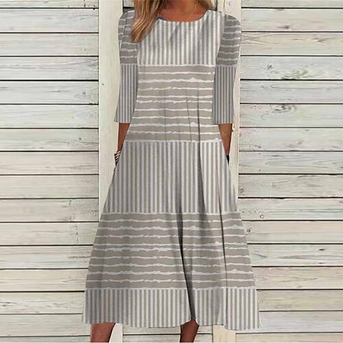 

Women's Casual Dress Shift Dress Swing Dress Midi Dress Grey 3/4 Length Sleeve Striped Ruched Winter Fall Spring Crew Neck Fashion Daily 2022 S M L XL XXL 3XL