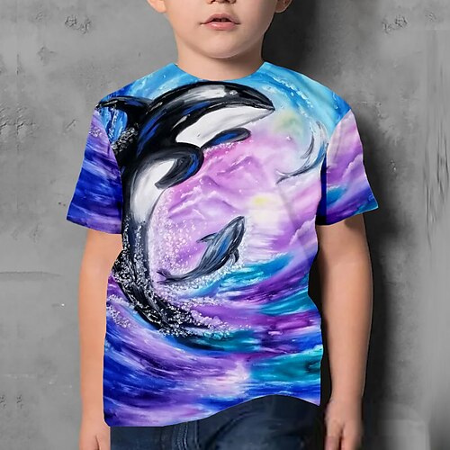 

Børn Drenge T-shirt T-shirt Dyr Delfin Kortærmet Crewneck Børne Top Afslappet 3D-udskrivning Sej Daglig Sommer Lilla 3-12 år