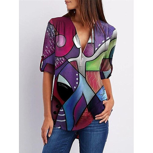 

Women's Shirt Blouse Yellow Purple Green Graphic Geometric Quarter Zip Print Long Sleeve Casual Basic V Neck Regular S