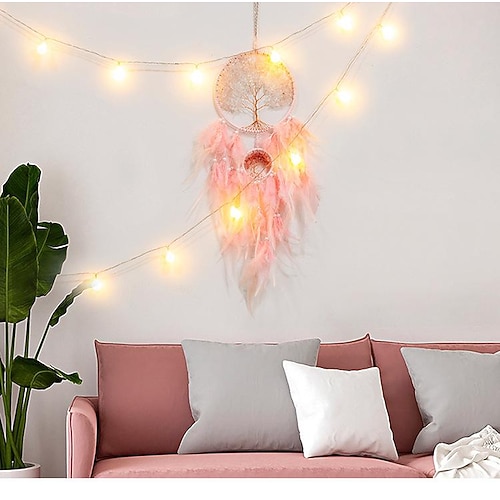 

Life of Tree Pink Dream Catcher Handmade Gift Feather Hook Flower Wind Chime Ornament Wall Hanging Decor Art Boho Style 16x60cm/6.3''x24''