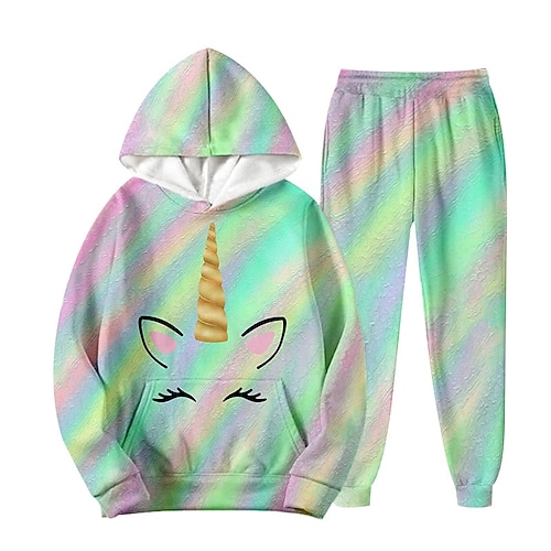 

2 pezzi Bambino Da ragazzo Felpa con cappuccio e pantaloni Vestito Animali Unicorno Gradiente Manica lunga Tasche Impostare Informale Di tendenza Giornaliero Inverno Autunno 7-13 anni Verde