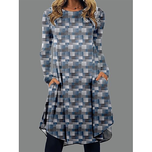 

Women's Casual Dress T Shirt Dress Tee Dress Mini Dress Blue Long Sleeve Geometric Pocket Winter Fall Spring Crew Neck Fashion Daily Vacation Loose Fit 2023 S M L XL XXL 3XL 4XL 5XL