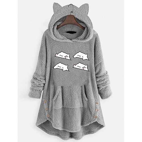 

Women's Cat Ear Fleece Hoodie Tops Sweatshirt Plain Button Pocket Long Sleeve Hooded Casual Teddy Home Daily Winter Fall Windproof Warm