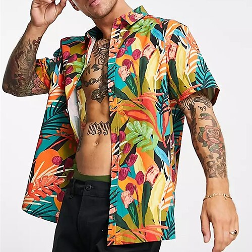 

Men's Shirt Summer Hawaiian Shirt Floral Graphic Prints Leaves Turndown Blue Street Casual Short Sleeves Button-Down Print Clothing Apparel Tropical Fashion Hawaiian Designer