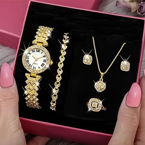 

kvartsklokke for kvinner rhinestone smykkesett 6stk/sett fancy dameklokker smykker sofistikert og stilig dameklokke