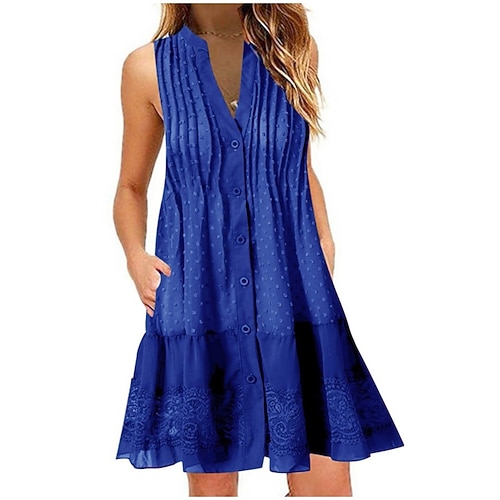 

Women's Casual Dress Swing Dress Mini Dress Black Blue Sleeveless Pure Color Ruched Spring Summer V Neck Classic Daily Weekend 2023 S M L XL 2XL 3XL 4XL 5XL