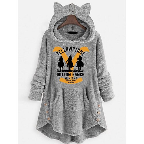 

Women's Cat Ear Fleece Hoodie Tops Sweatshirt Yellowstone Plain Button Pocket Long Sleeve Hooded Casual Teddy Home Daily Winter Fall Windproof Warm