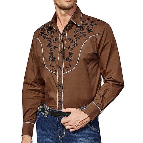 

Men's Shirt Western Shirt Floral Graphic Prints Turndown Brown Outdoor Street Long Sleeve Button-Down Print Clothing Apparel Fashion Streetwear Designer western style