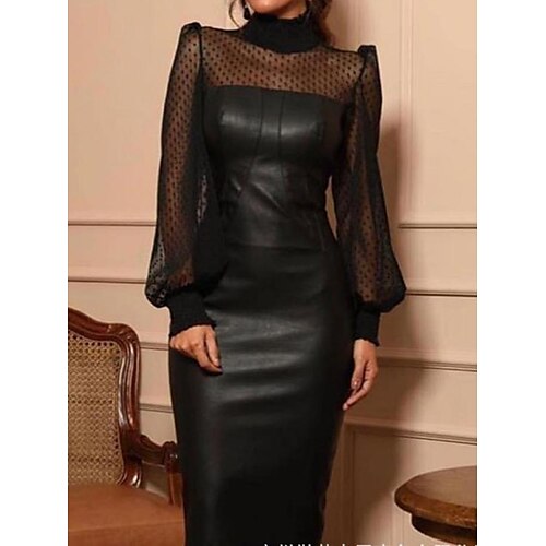 

Mujer Corte Bodycon Vestido tubo Mini vestido Negro Manga Larga Color puro Malla Invierno Otoño Primavera Cuello Alto Moda Vacaciones Fin de semana 2022 S M L XL
