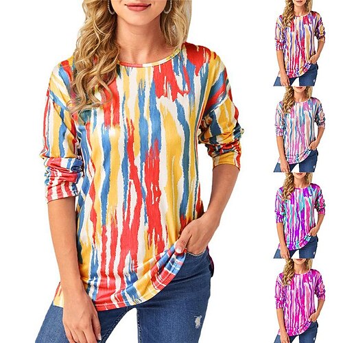 

Women's Shirt Blouse Yellow Red Blue Tie Dye Print Long Sleeve Casual Basic Round Neck Regular S