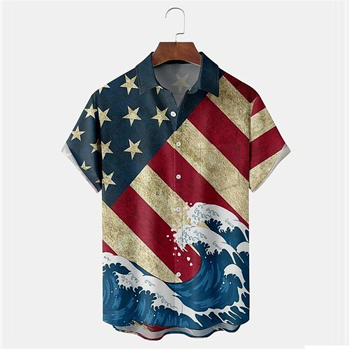 

Men's Shirt Graphic Prints Waves National Flag Turndown Blue 3D Print Outdoor Street Short Sleeves Button-Down Print Clothing Apparel Tropical Fashion Designer Hawaiian