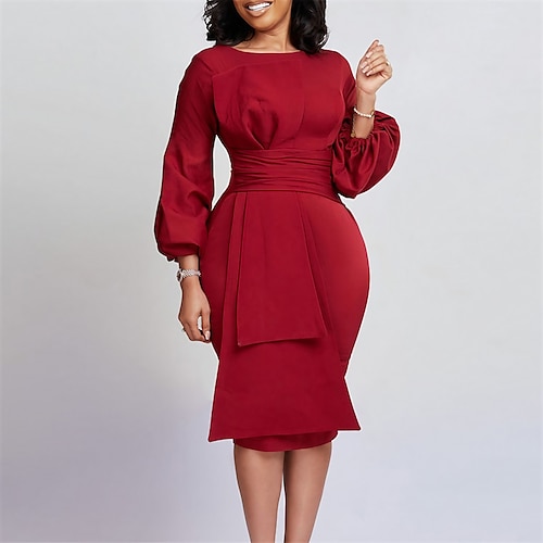 

Damen Arbeitskleidung Etuikleid Kirche Kleid Midikleid Schwarz Weiß Rote Langarm Einfarbig Rüsche Winter Herbst Frühling Rundhalsausschnitt Modisch 2023 S M L XL 2XL 3XL