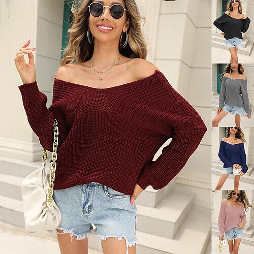 

Women's Shirt Blouse claret Black Blue Plain Crochet Long Sleeve Casual Basic V Neck Regular S