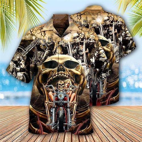 

Hombre Camisa camisa hawaiana Cráneos Estampados Moto Cuello Vuelto Dorado Casual Festivos Manga Corta Abotonar Estampado Ropa Tropical Moda Hawaiano Suave