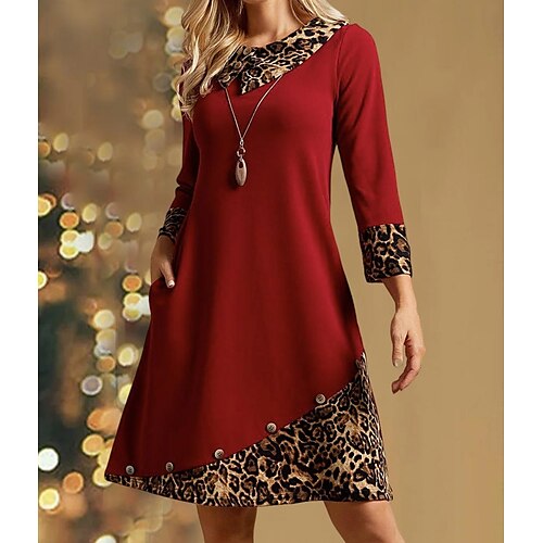 

Women's Casual Dress Shift Dress Mini Dress Red Blue Green Long Sleeve Leopard Patchwork Winter Fall Spring Crew Neck Basic Daily Weekend Loose Fit 2023 S M L XL 2XL 3XL