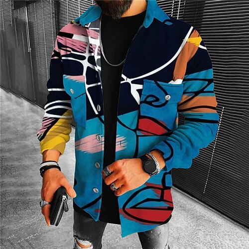 

Men's Shirt Shirt Jacket Shacket Abstract Graphic Prints Graffiti Turndown White Blue Outdoor Street Long Sleeve Button-Down Print Clothing Apparel Sports Fashion Streetwear Designer
