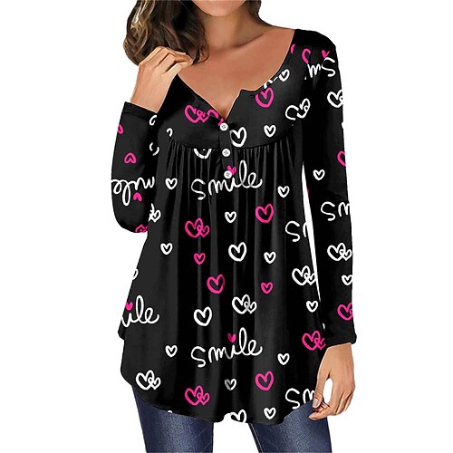

Women's Shirt Blouse Black White Yellow Heart Button Print Long Sleeve Casual Daily Basic V Neck Regular S