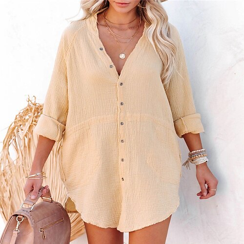 

Women's Casual Dress Shirt Dress Shift Dress Mini Dress White Purple Apricot Long Sleeve Pure Color Button Winter Fall Spring V Neck Fashion Daily 2022 S M L XL XXL 3XL